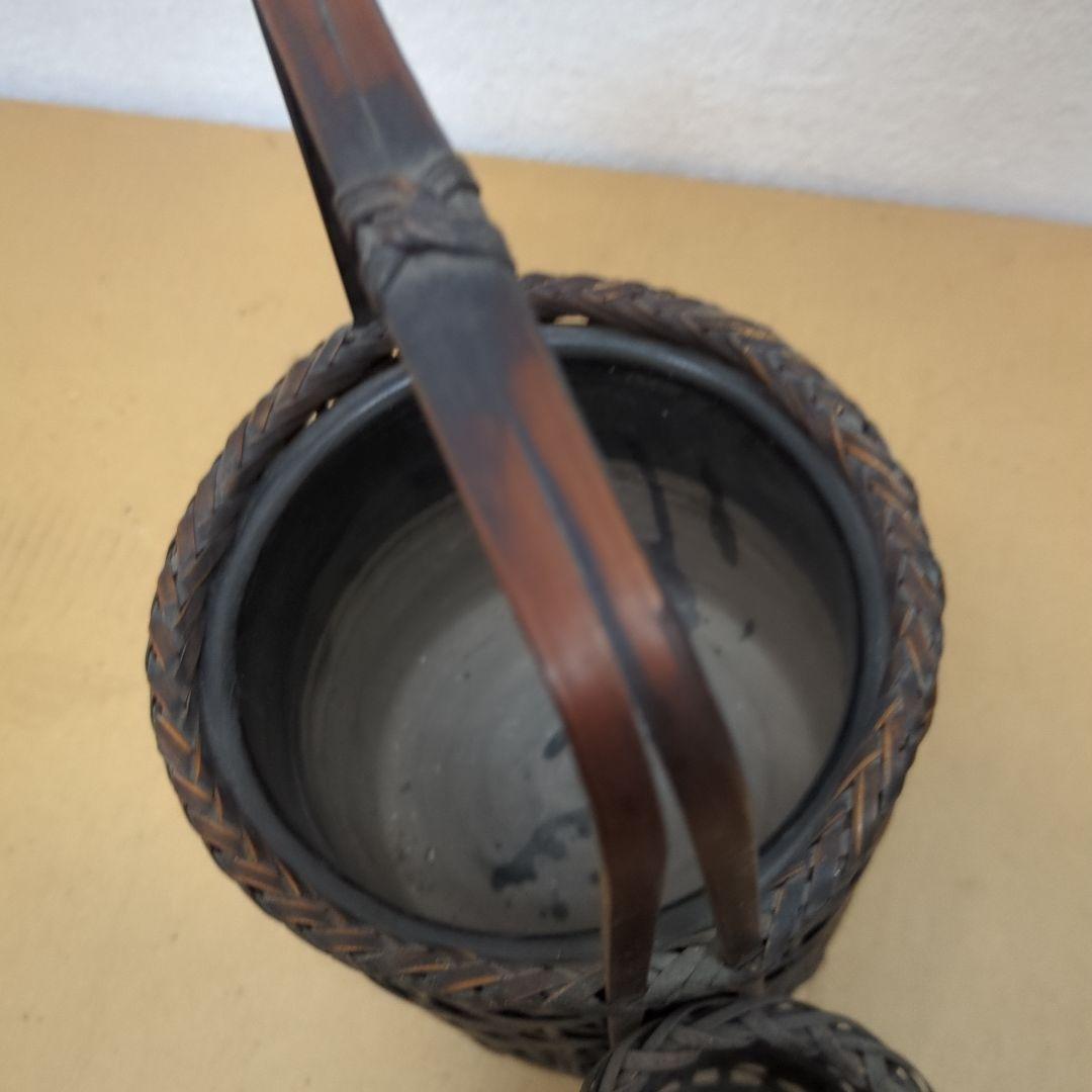 骨董　煙草盆　珍品　編み籠　内側陶器　花入　鉢カバー　手提げ　莨盆