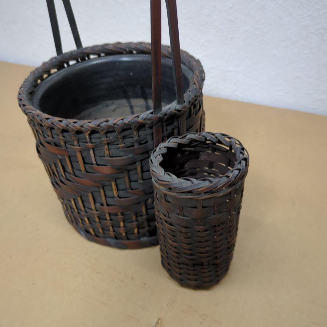 骨董　煙草盆　珍品　編み籠　内側陶器　花入　鉢カバー　手提げ　莨盆