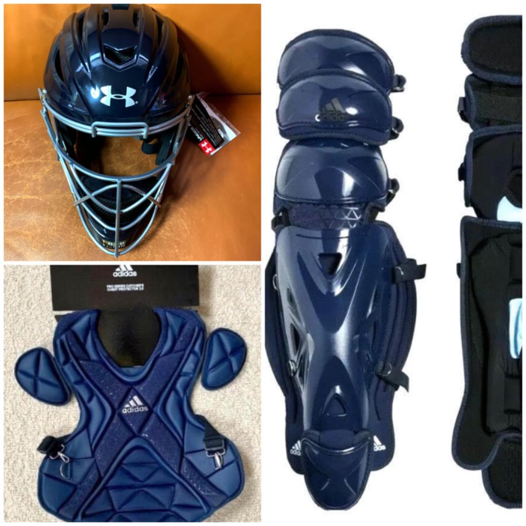 新品☆アメリカ国内限定☆UAマスク＋adidasプロテクター・レガース★紺