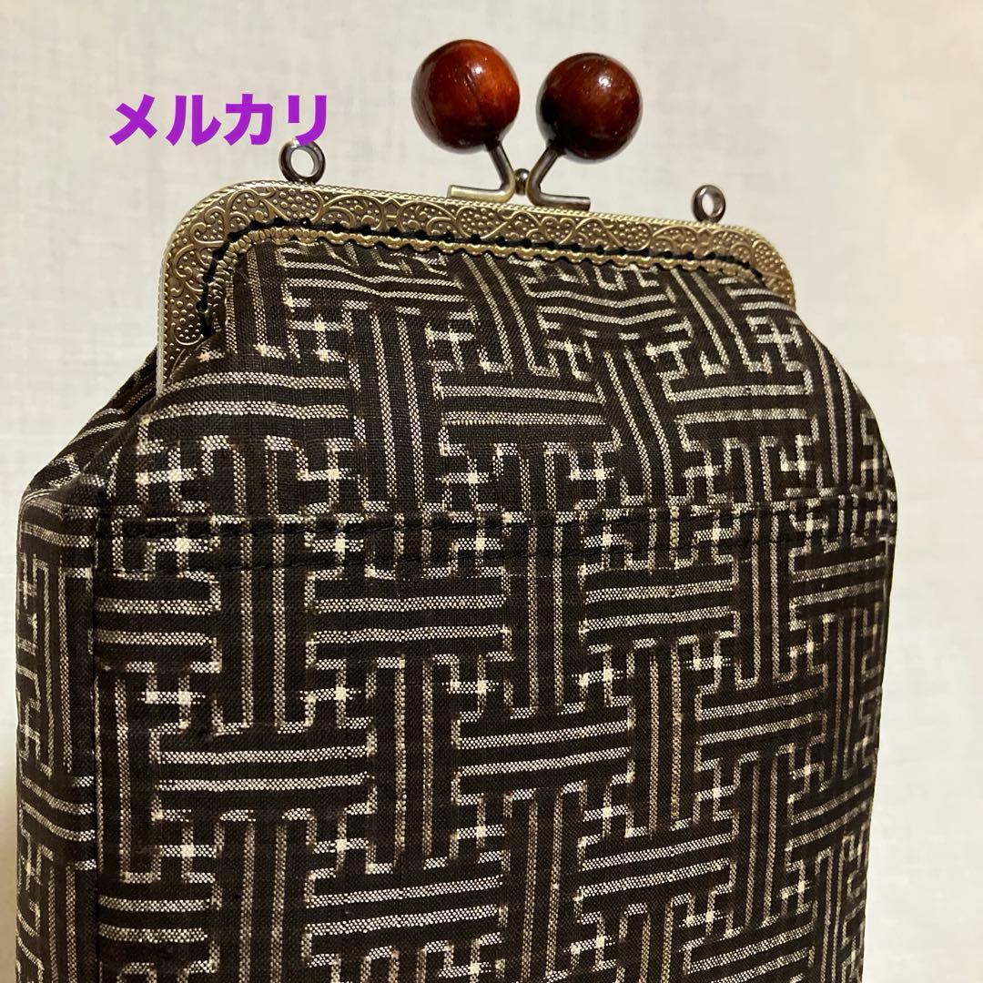 泥大島紬龍郷　秋名バラ８玉　がま口スマホショルダーバッグ　ハンドメイド