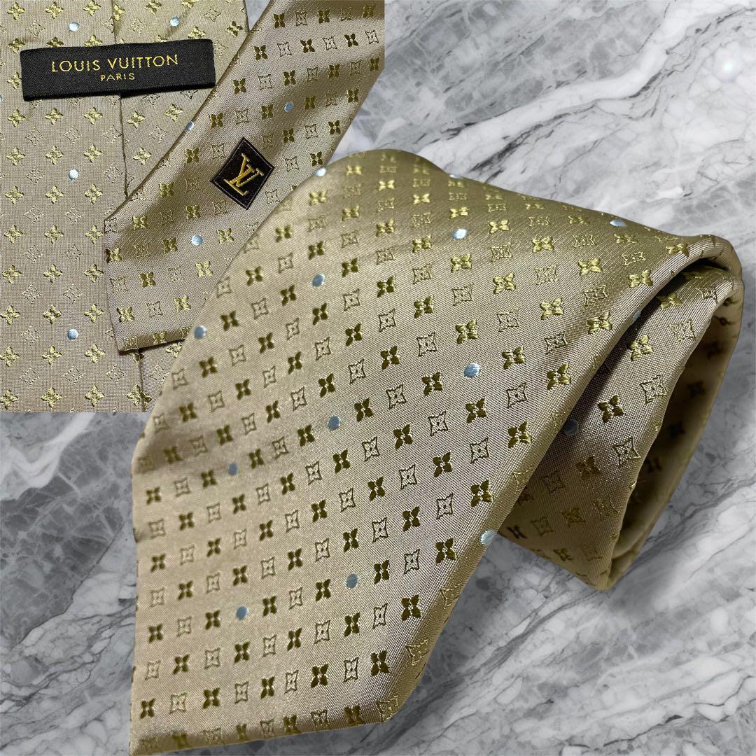 【美品】　ルイヴィトン　モノグラム総柄ネクタイ　シルク100%シャンパンゴールド