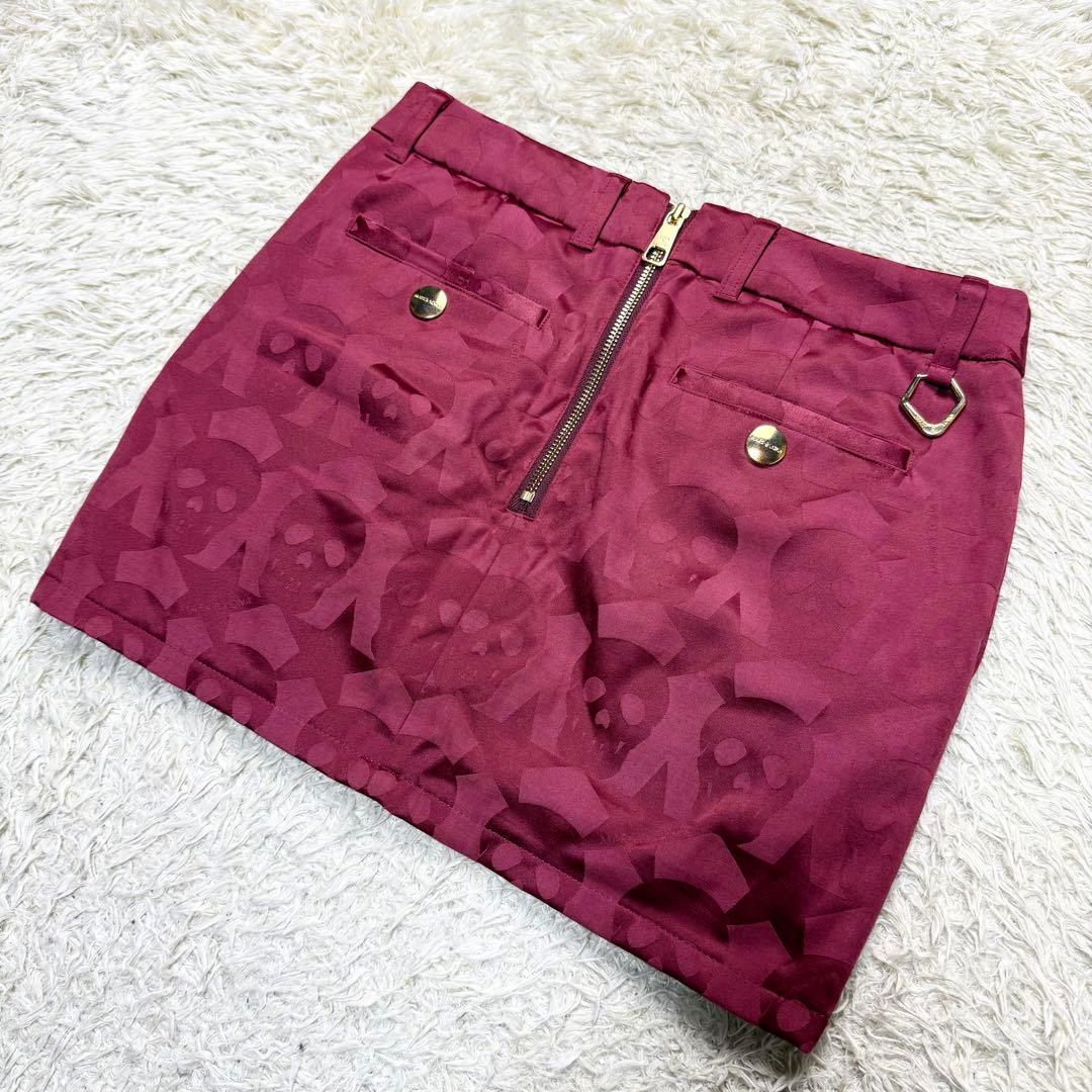 【希少】 MARK&LONA ストレッチスカート ロゴ 総柄 スカル 赤 M