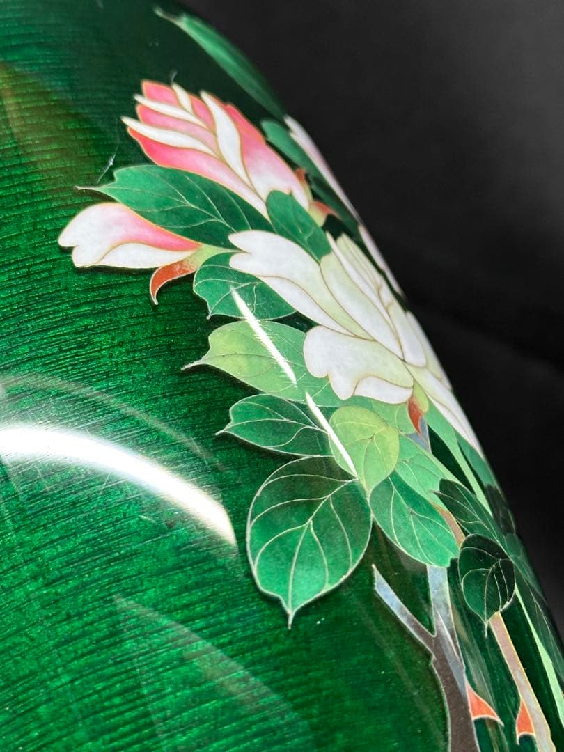 【USED】安藤　七宝　七宝焼　花瓶　壺　花　花柄　緑　グリーン