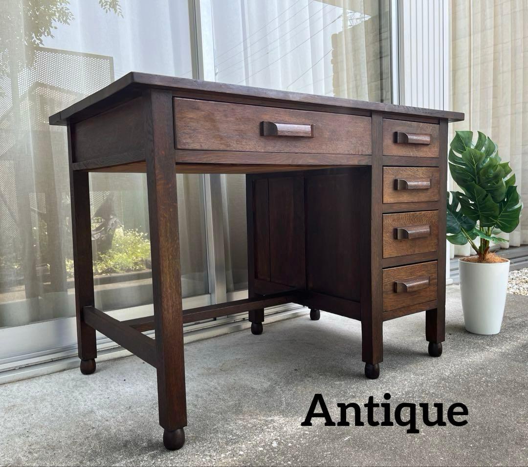 ◆アンティーク◆ 木製机　デスク　昭和レトロ　ナラ材　ヴィンテージ　古家具