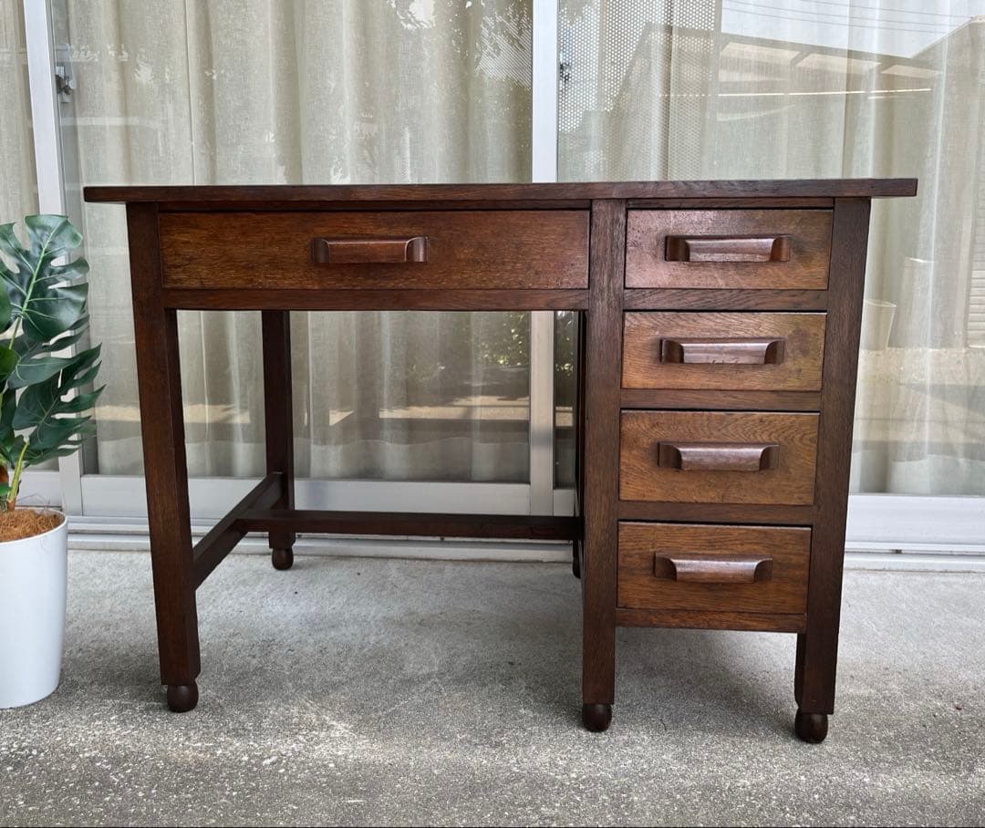 ◆アンティーク◆ 木製机　デスク　昭和レトロ　ナラ材　ヴィンテージ　古家具