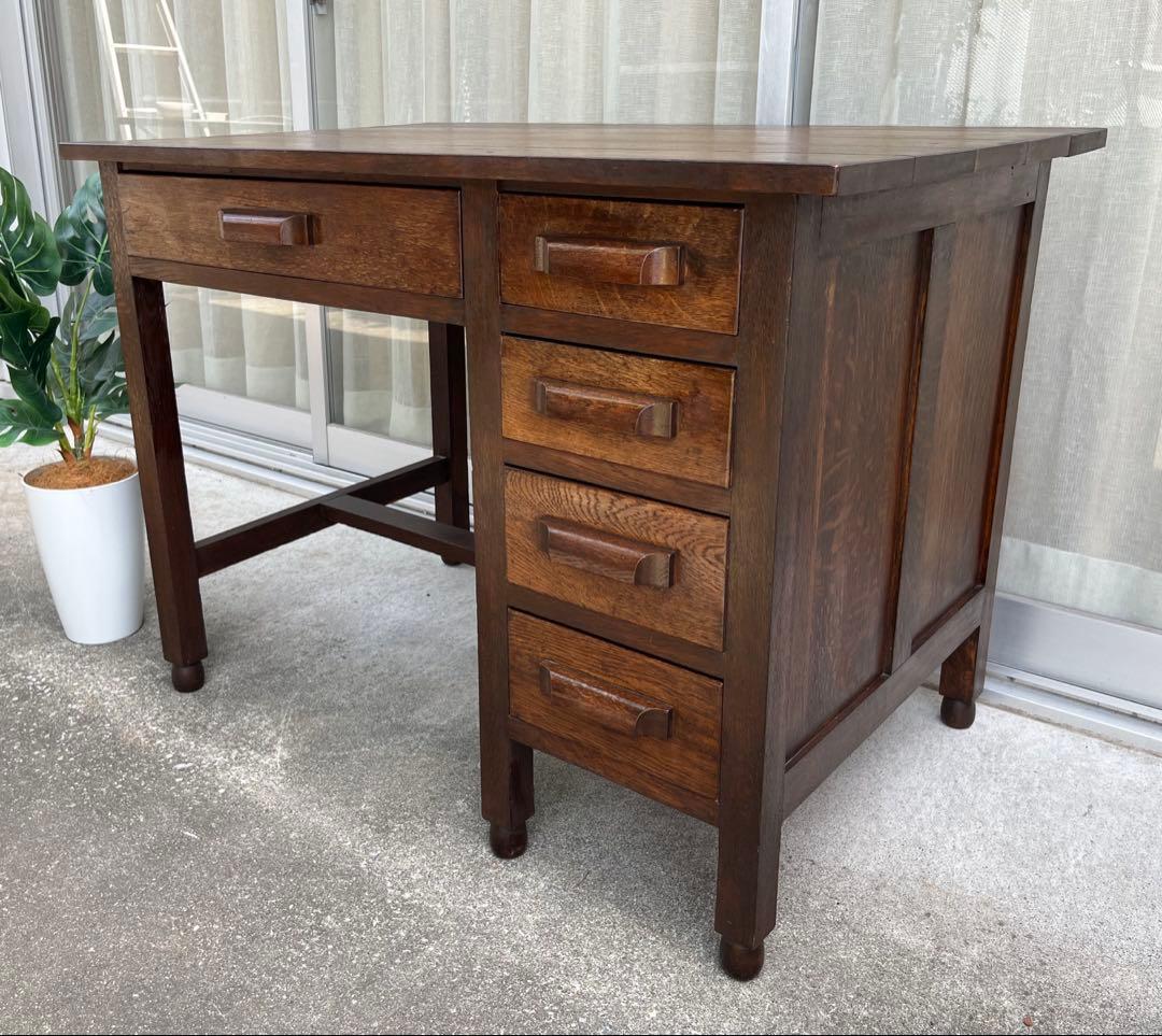 ◆アンティーク◆ 木製机　デスク　昭和レトロ　ナラ材　ヴィンテージ　古家具