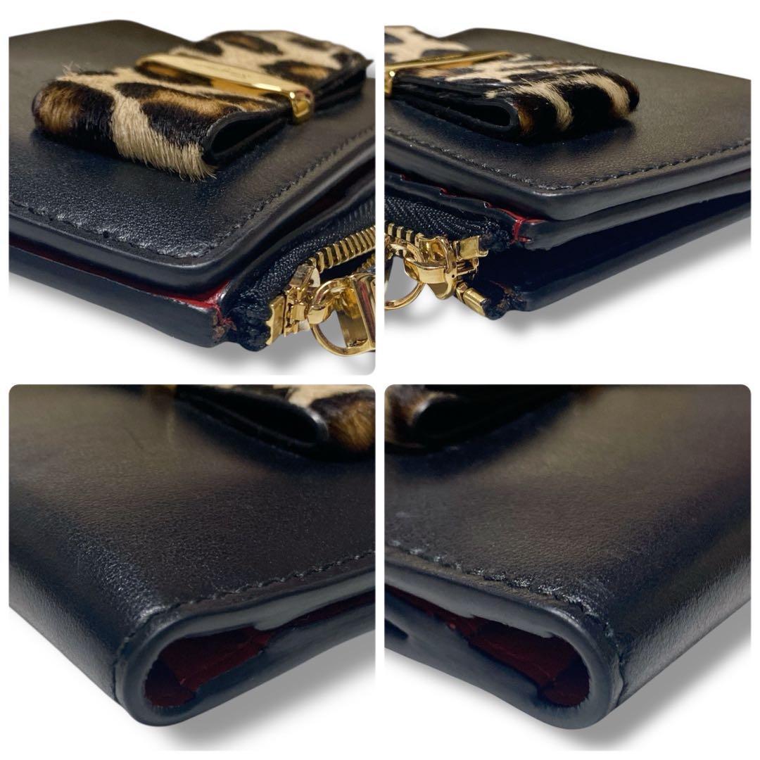 サルバトーレフェラガモ 良品 イタリア製ハラコヴァラリボン 2つ折り財布ブラック