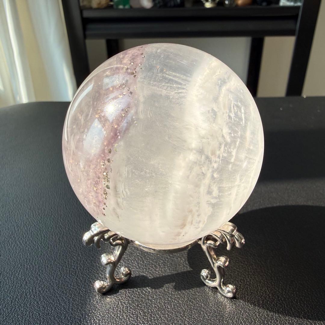 【masa様確認専用】天然石パイライト共生フローライトスフィアNO.021114