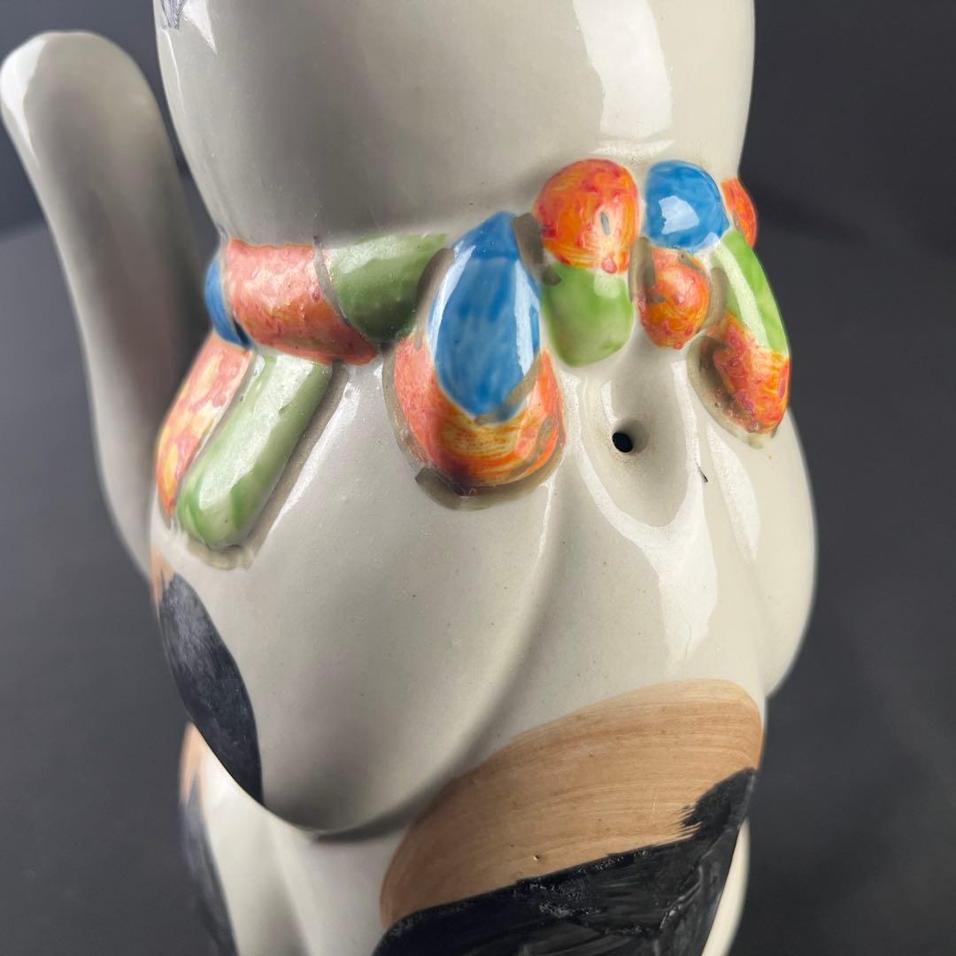 大正時代　手塗り色絵　可愛い招き猫　招福　縁起物　陶器　置物　25センチ