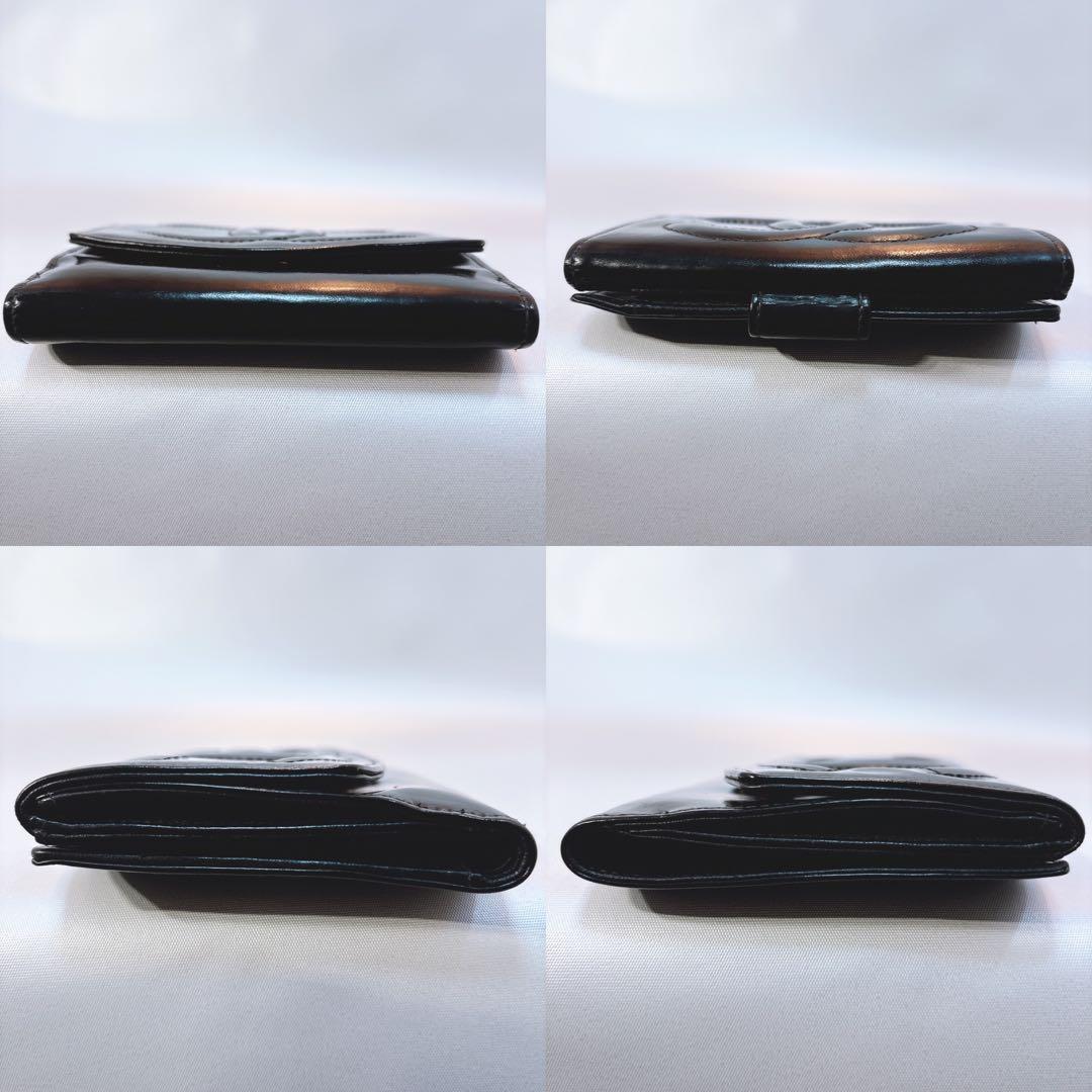 【シャネル】パテントレザー ココマーク Wホック 折財布 チェーンウォレット 黒