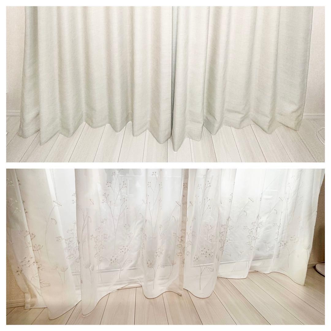 【美品】ニトリ　カーテン　オーダーレース　アイボリー　花柄　刺繍