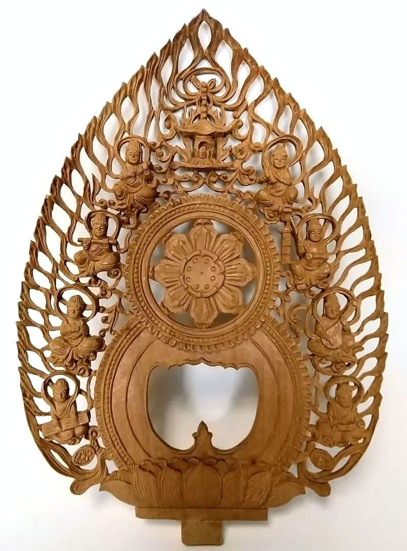 光背(3寸坐像用)#416 透し彫 奏楽飛天 宝塔◆白檀 木彫 仏像付属品