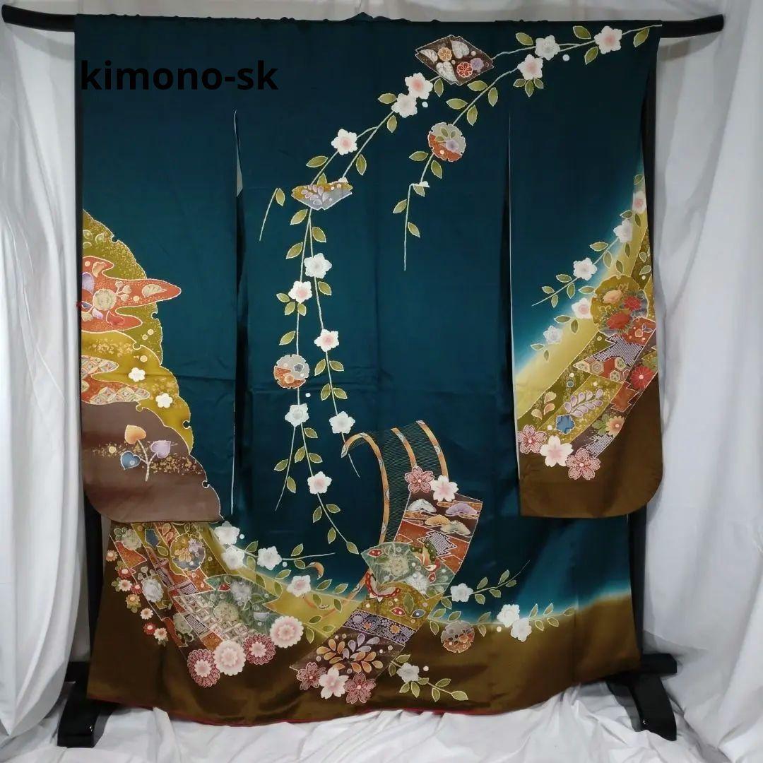 着物　g　振袖フルセット　振袖　駒刺繍　金彩　成人式　卒業式　緑