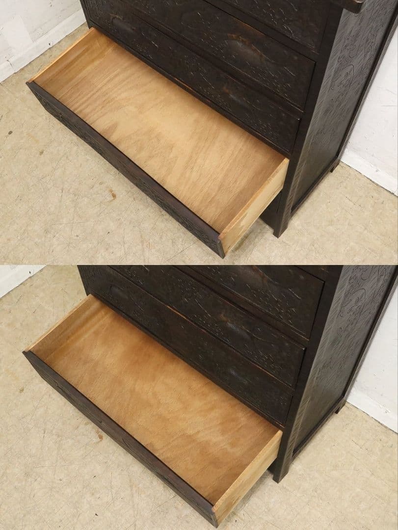 伝統工芸【軽井沢彫り】整理箪笥【桜絵柄彫刻】ヴィンテージ・チェスト・民芸家具