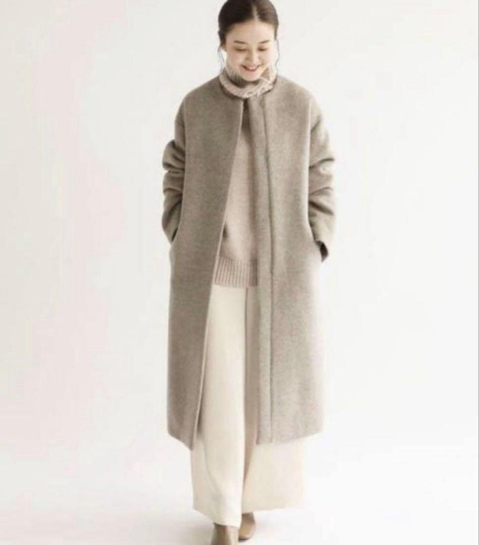美品 IENA イエナ ラムウール ノーカラーロングコート ベージュ 36