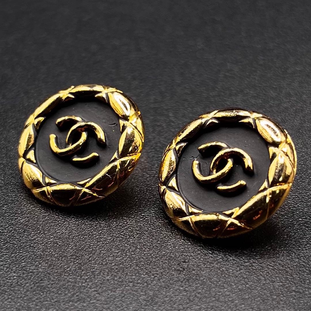 希少 ヴィンテージ シャネル ピアス ココマーク マトラッセ ブラック×ゴールド