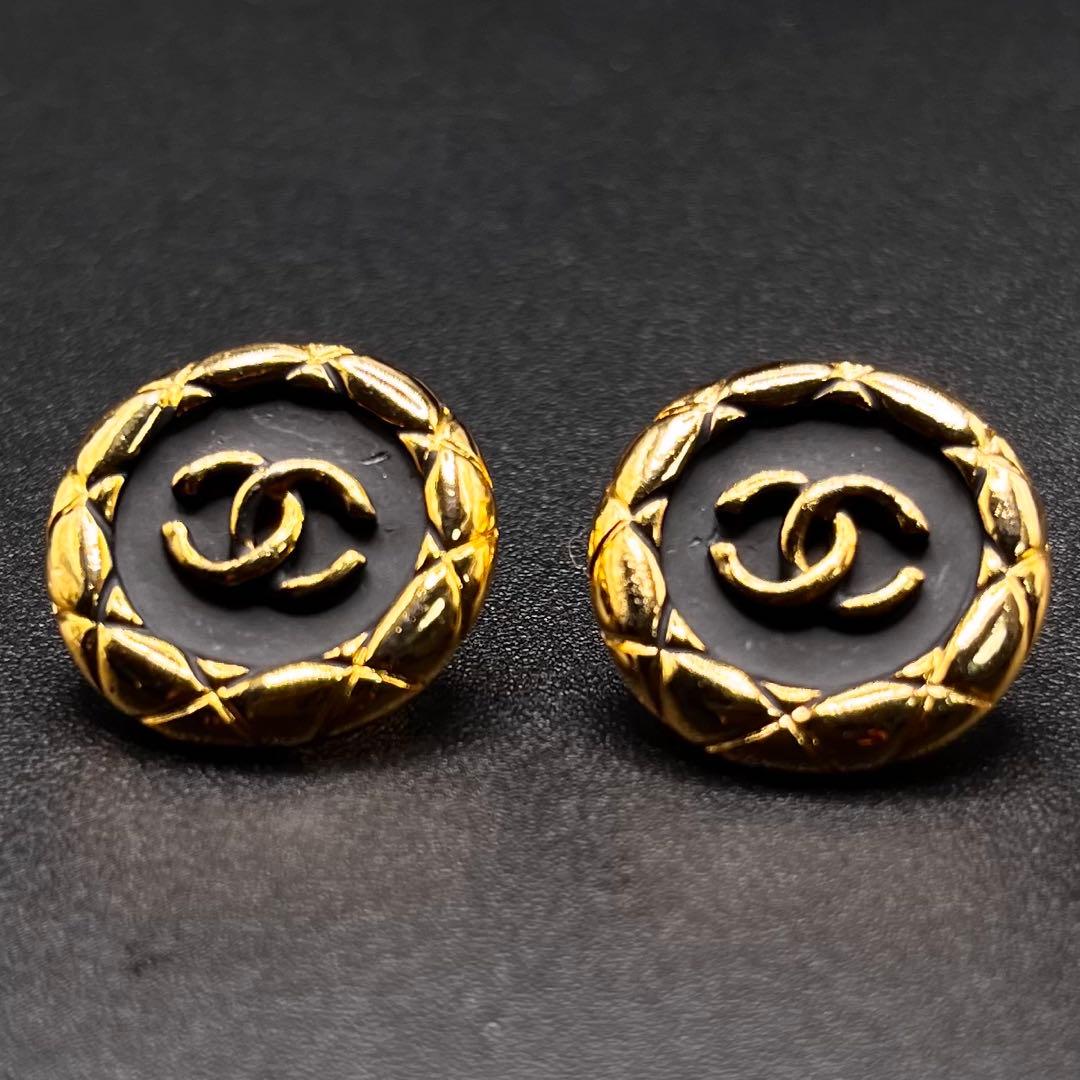 希少 ヴィンテージ シャネル ピアス ココマーク マトラッセ ブラック×ゴールド