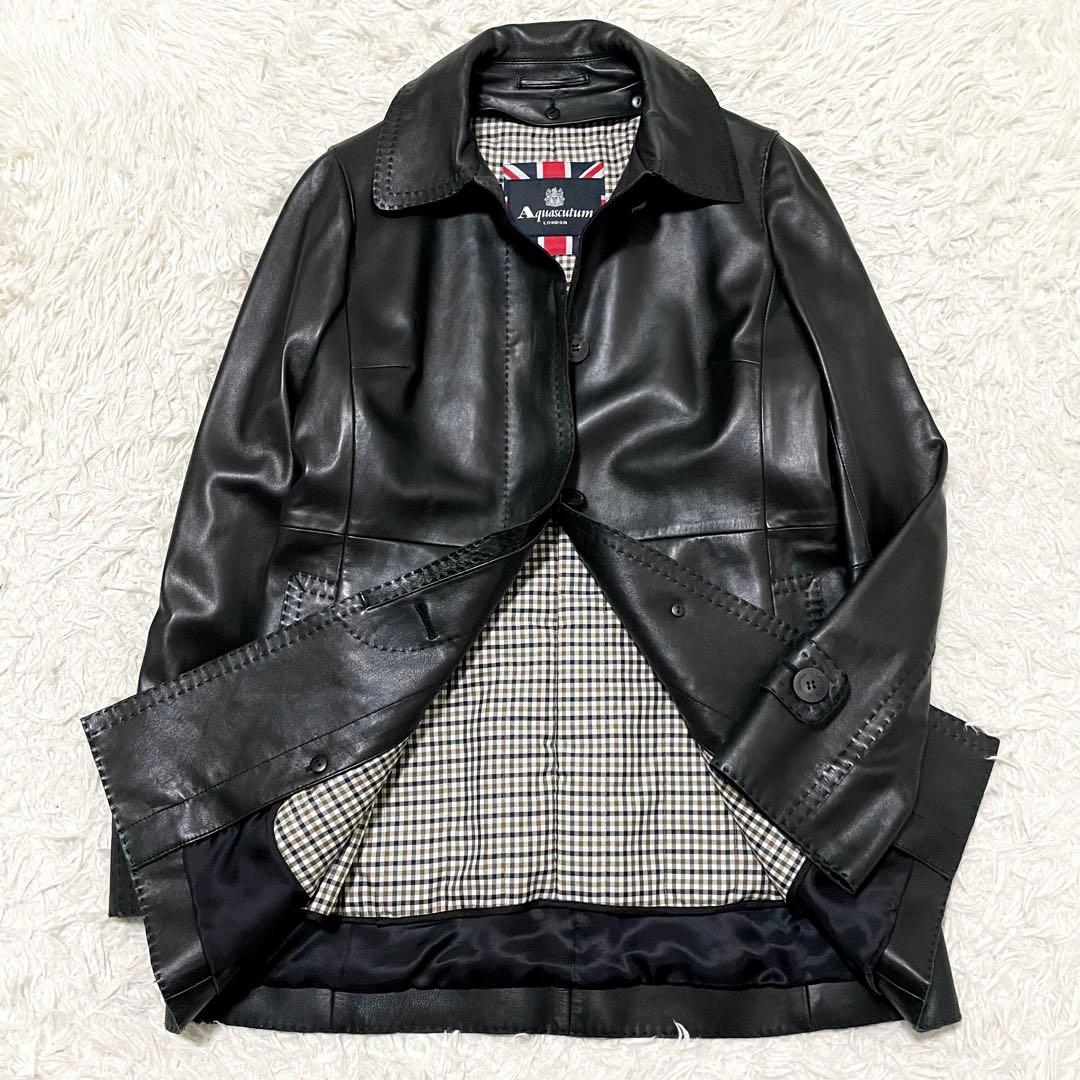 極美品 アクアスキュータム ラムレザーコート キルティングライナー付 チェック柄