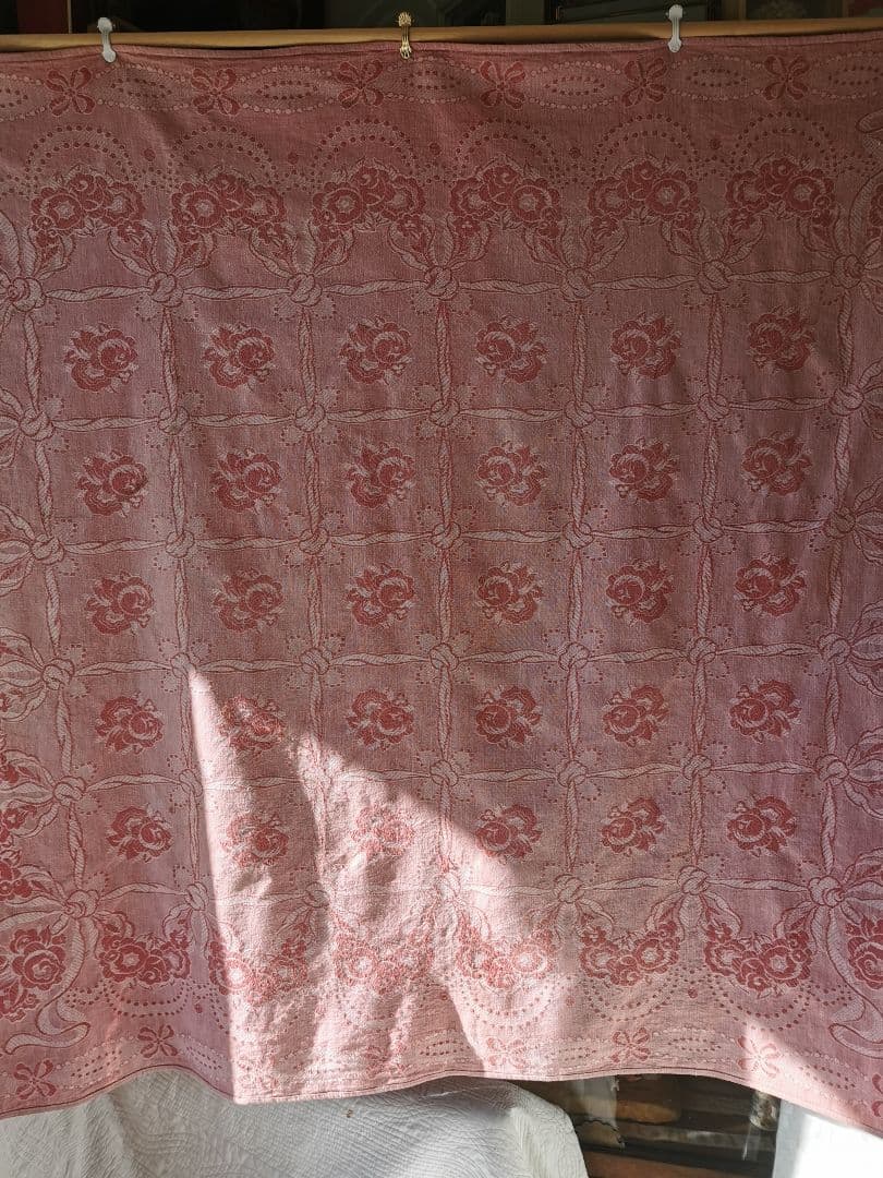 アンティーク フランス ダマスクローズ リボン 大判リネンクロス ダブルフェイス