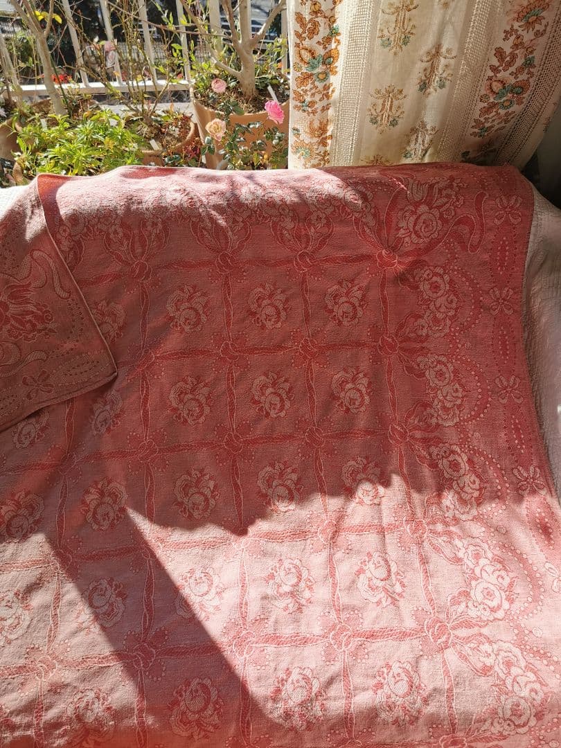 アンティーク フランス ダマスクローズ リボン 大判リネンクロス ダブルフェイス