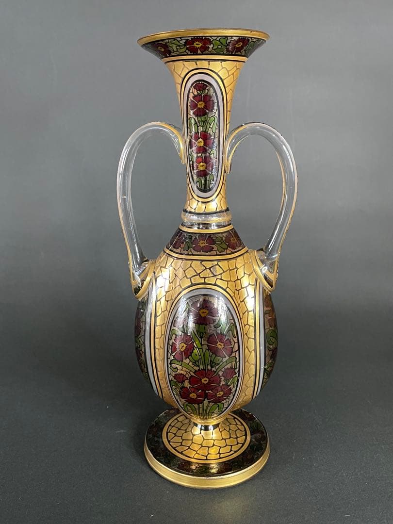 アンティークモーゼル金彩エナメル西洋撫子紋両耳大飾壺