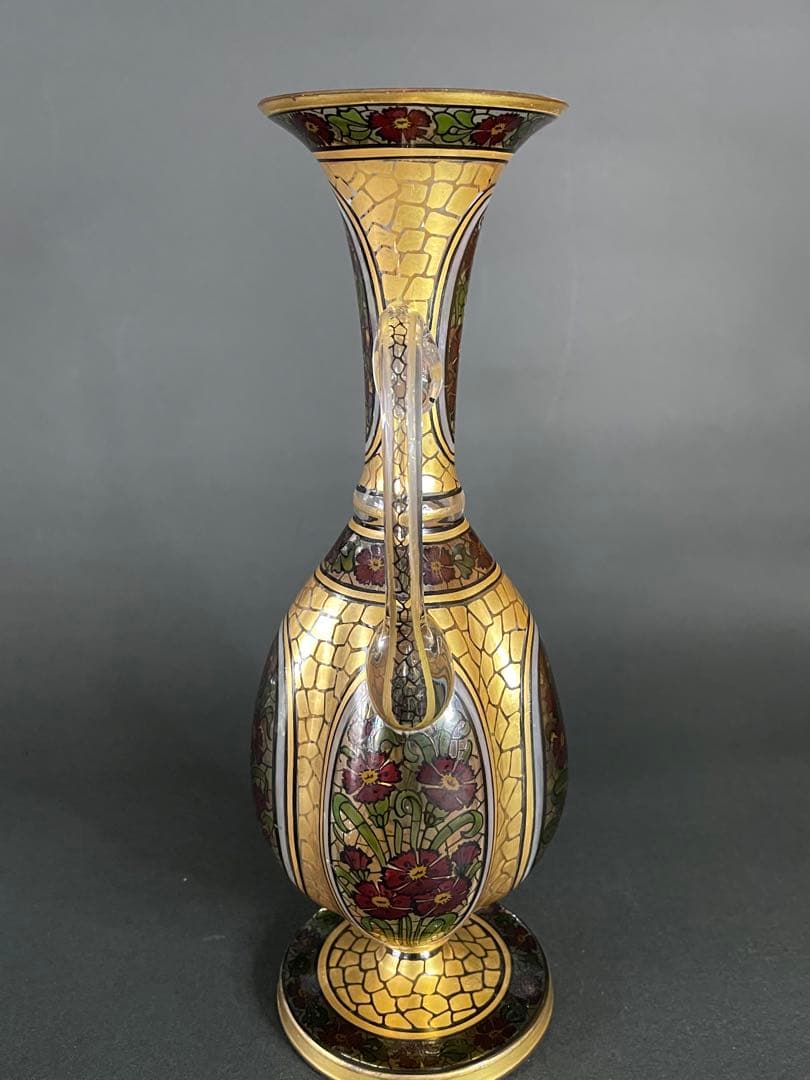 アンティークモーゼル金彩エナメル西洋撫子紋両耳大飾壺