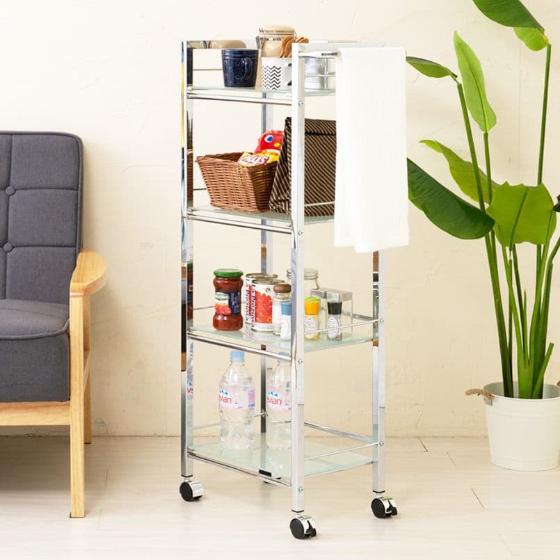 《新品・送料無料》ガラスシェルフワゴン4段/ラック/収納/キッチン/アイアン