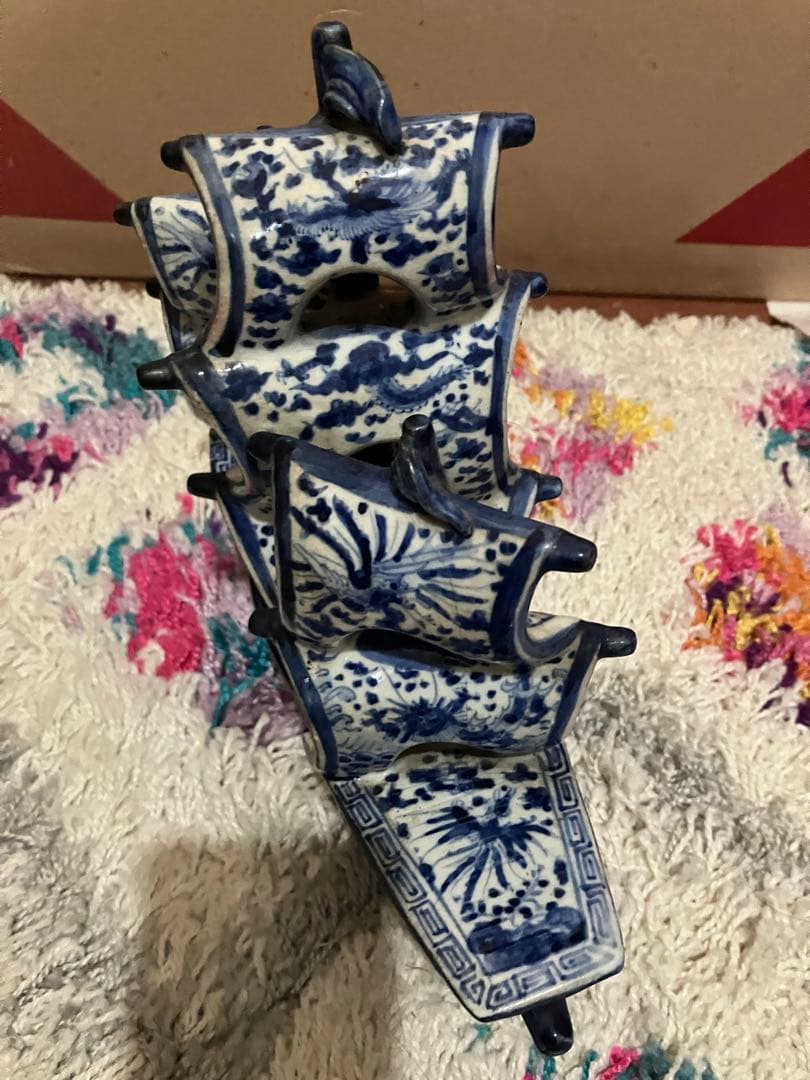 珍品！ブルーの陶製大型帆船