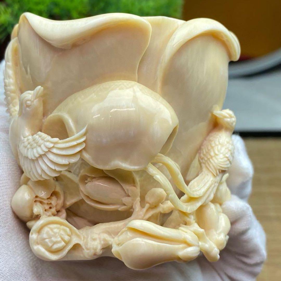 天然マンモス牙美しい手作り彫刻花開富貴 置物