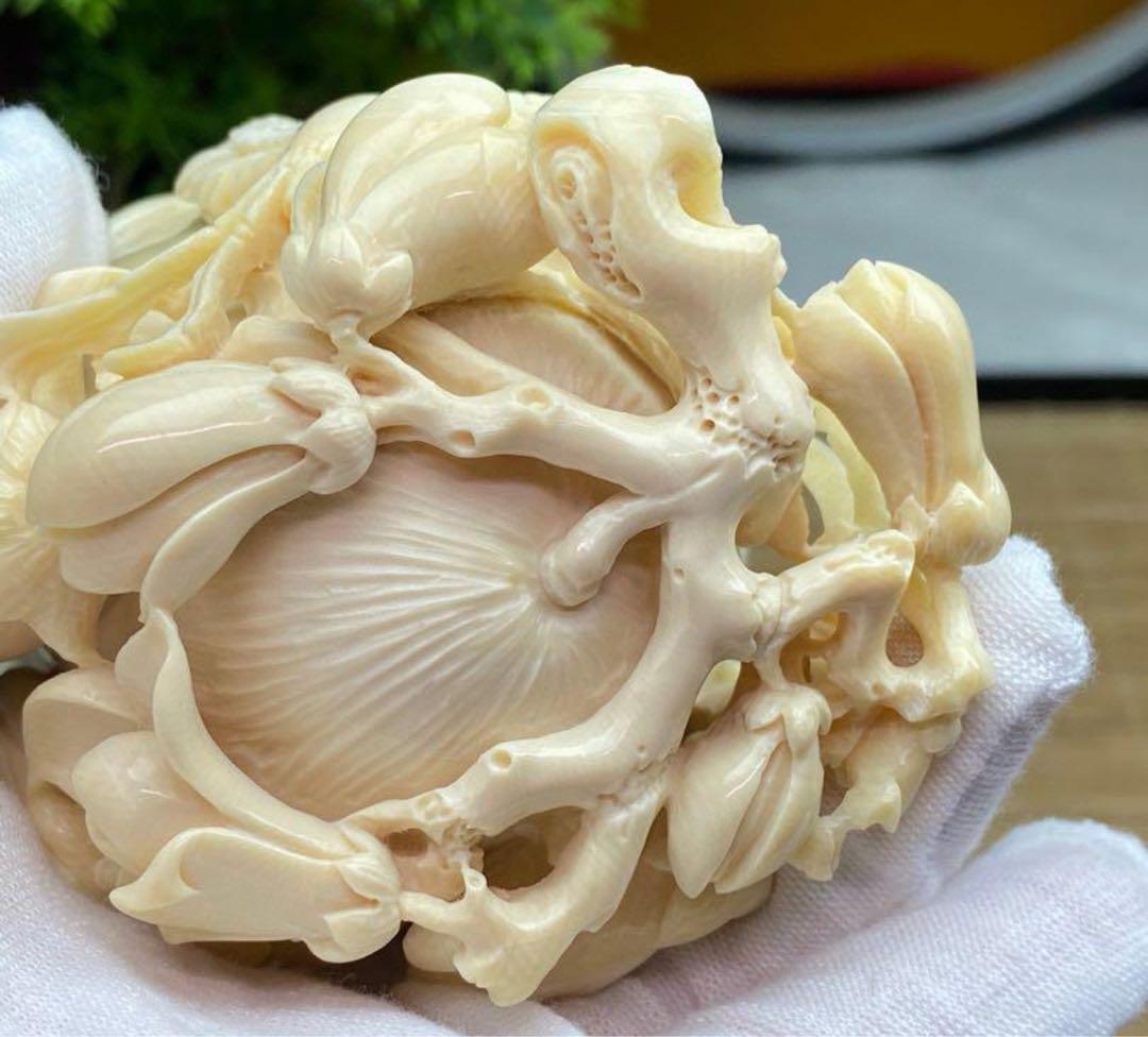 天然マンモス牙美しい手作り彫刻花開富貴 置物