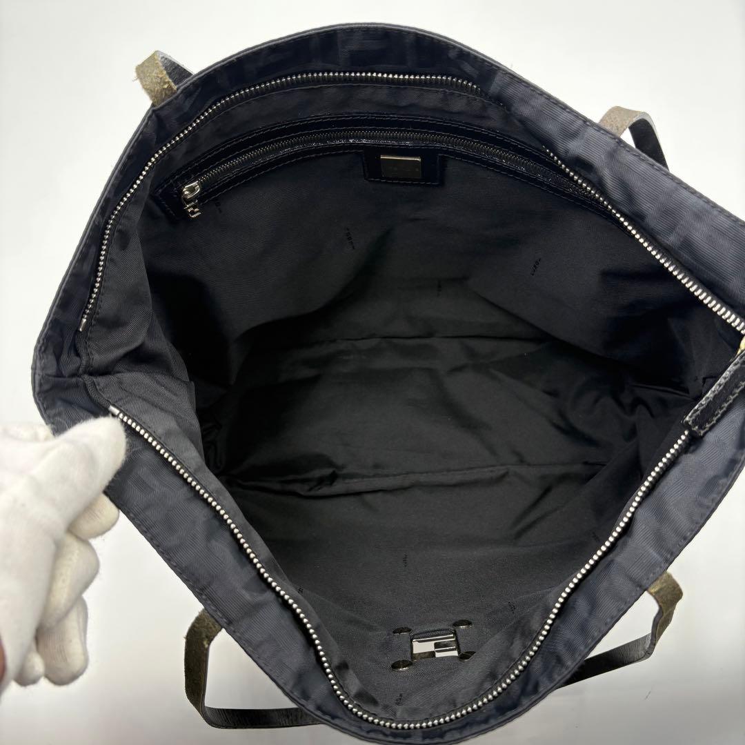 美品✨FENDI トートバッグ FF ロゴ ズッカ柄 ナイロン×レザー 黒