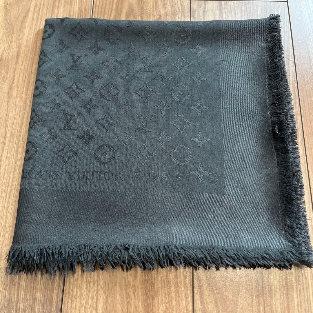 ルイヴィトン　大判ストール　グレー　シルク　ウール　灰色　スカーフ　マフラー