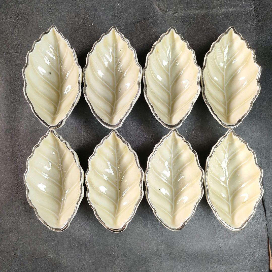 C13-1/在銘/プラチナ縁 刺身皿大8客・小8客/共箱/葉形皿/小皿/向付