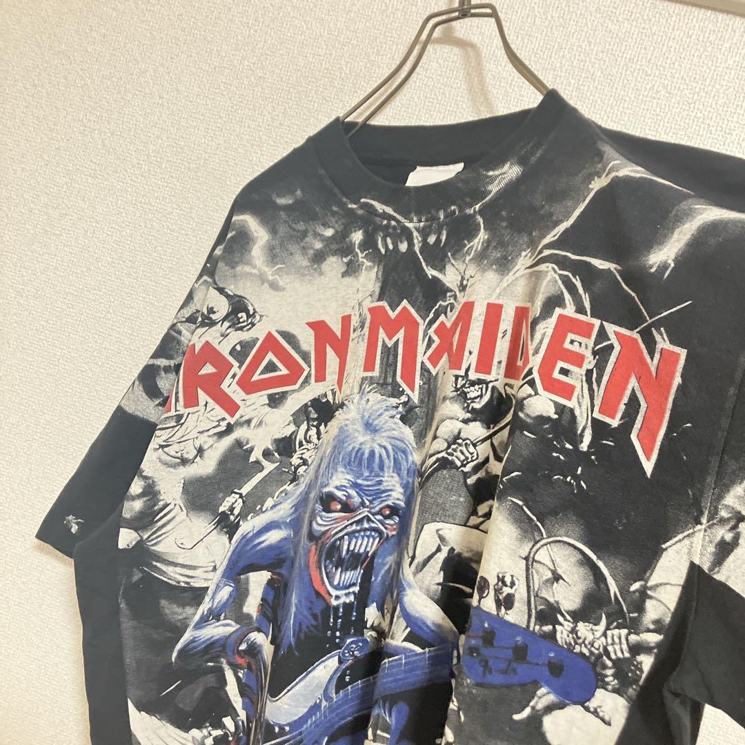 【稀少】90s IRON MAIDENアイアンメイデン　総柄Tシャツ　黒　L相当