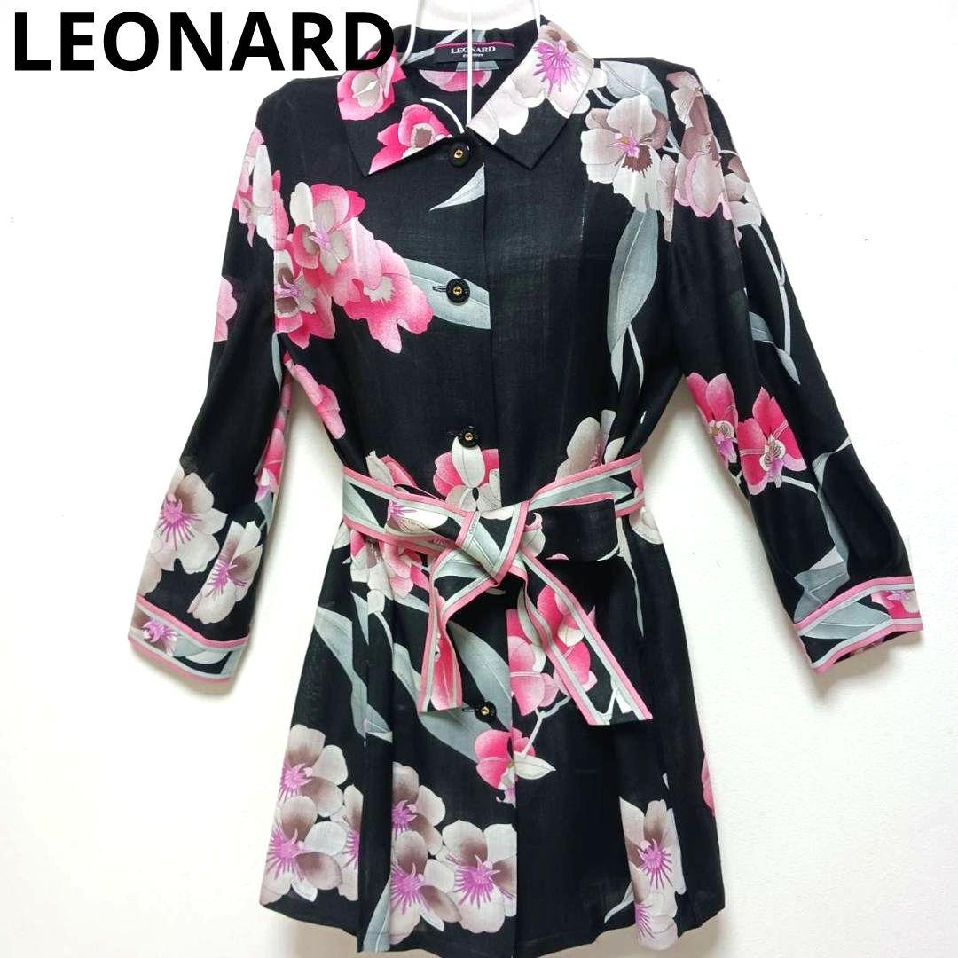 美品 レオナール 長袖シャツブラウス ベルトあり　黒xピンク　花柄