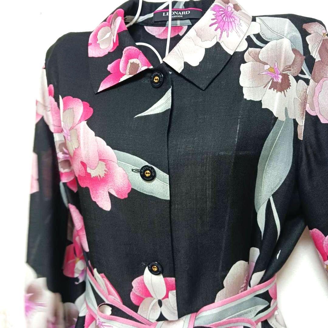 美品 レオナール 長袖シャツブラウス ベルトあり　黒xピンク　花柄
