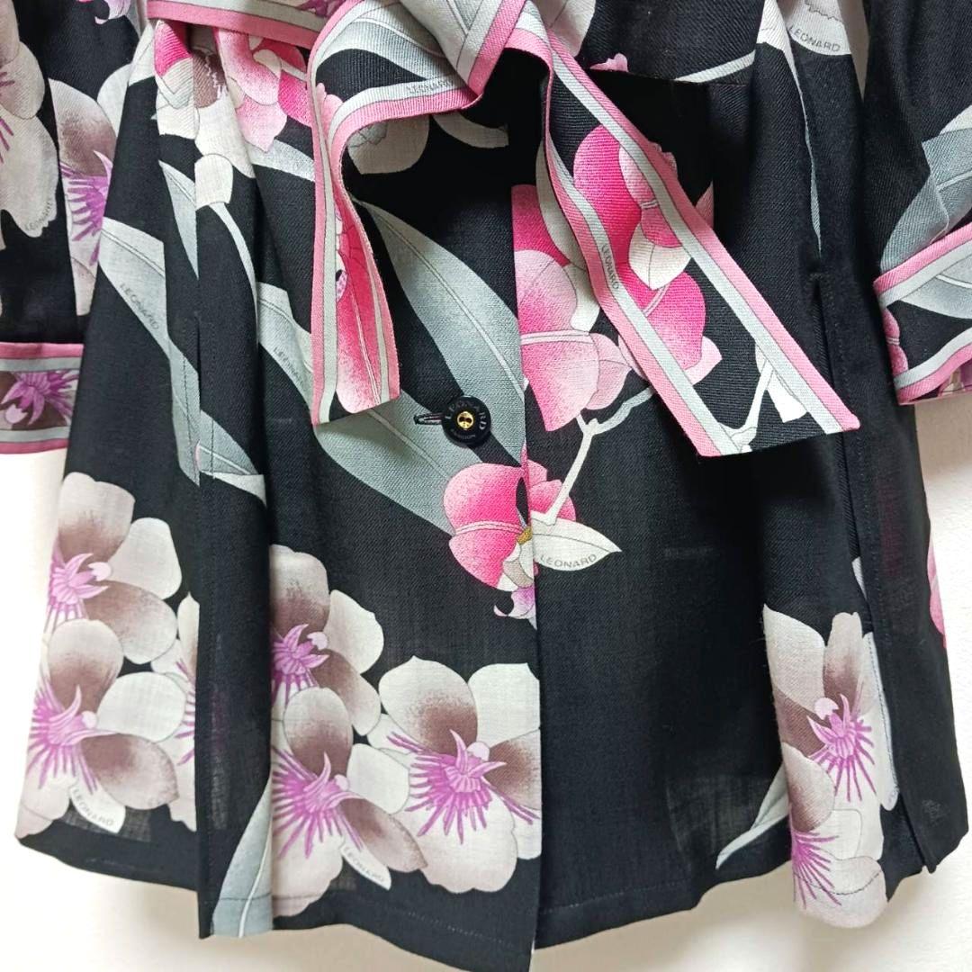 美品 レオナール 長袖シャツブラウス ベルトあり　黒xピンク　花柄