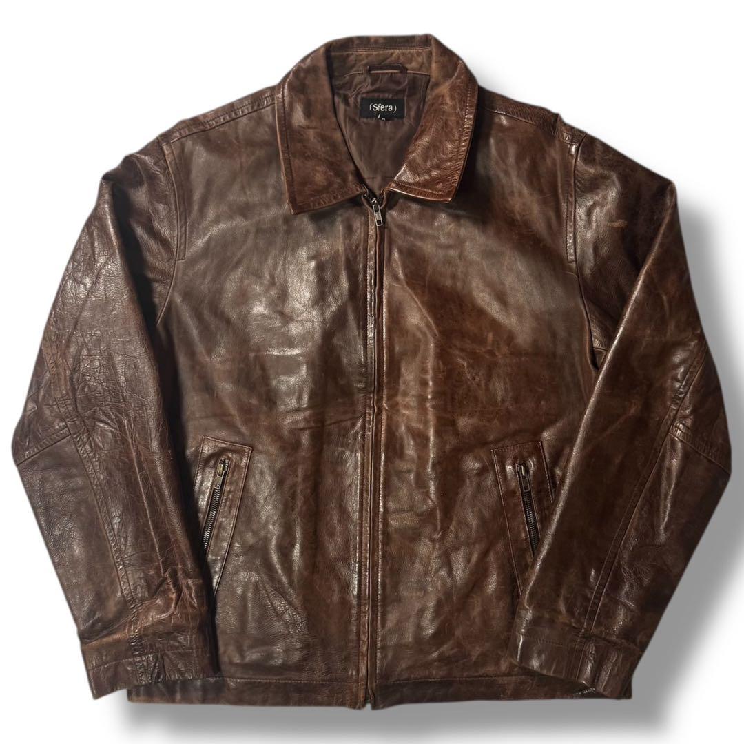 00s 本革 レザージャケット フェード XL ブラウン 古着 シングル
