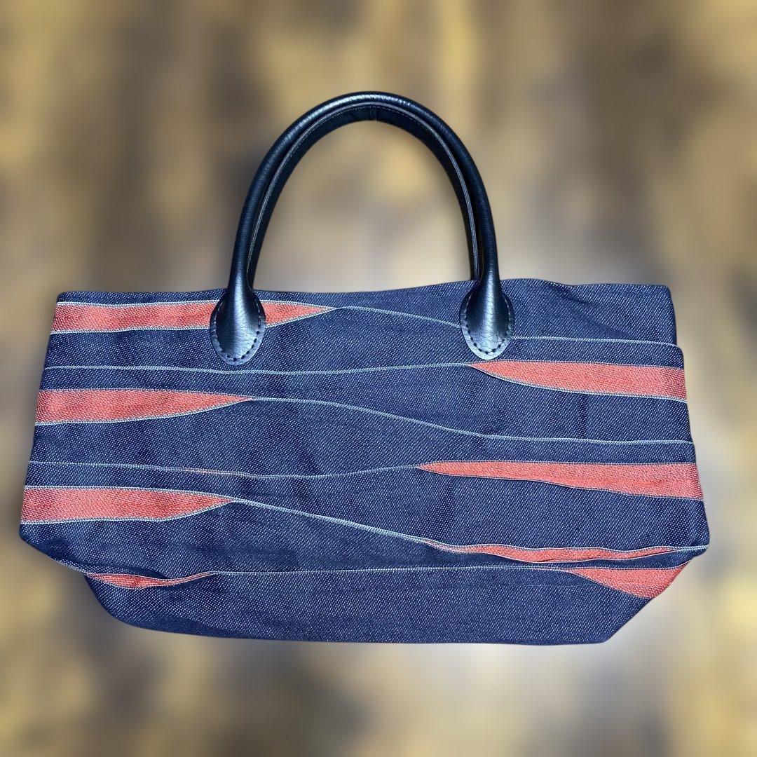 畳縁製ハンドメイド ネイビーと赤のストライプ トートバッグ