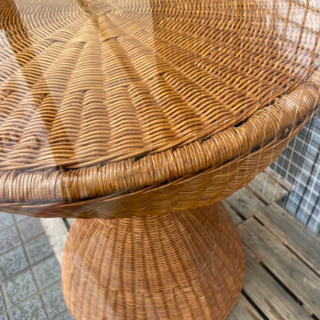 ラタン ヴィンテージダテーブル インテリア ガラス天板 店舗什器