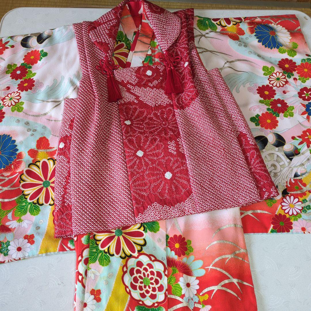 七五三３歳女の子お着物と正絹総絞り手縫いの被布（中綿無し）