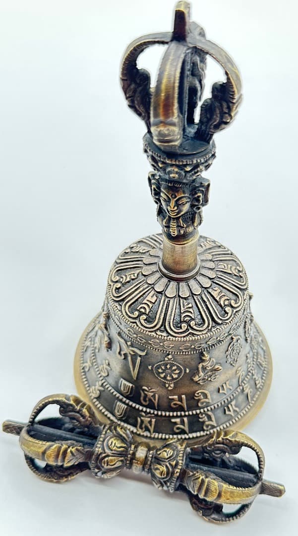 チベット密教法具　ガンター（金剛鈴）（五智如来）＆五鈷杵セット M