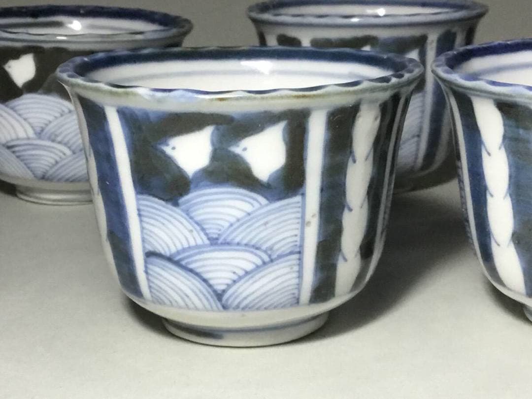 ちどり◆波千鳥 / ４個◆古伊万里 染付け 蕎麦猪口 向付 湯呑み そば猪口