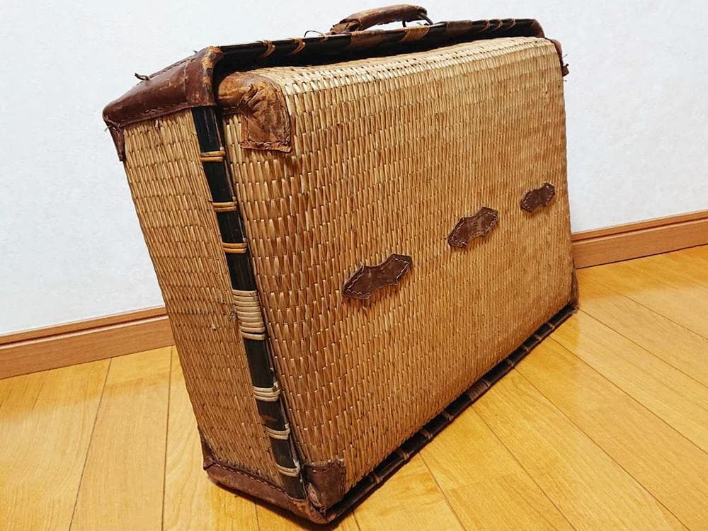 【木】　★ 竹木 柳編み収納鞄 ★　時代物　柳枝 本革 店舗什器　民俗雑項