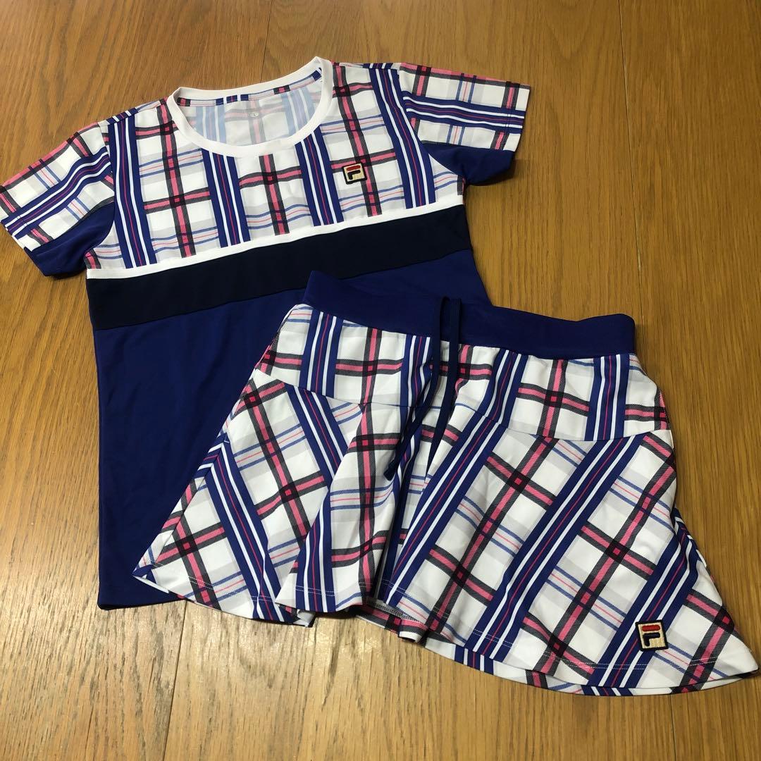 FILA ブルーのチェック柄 TシャツLサイズ　スコートMサイズセット