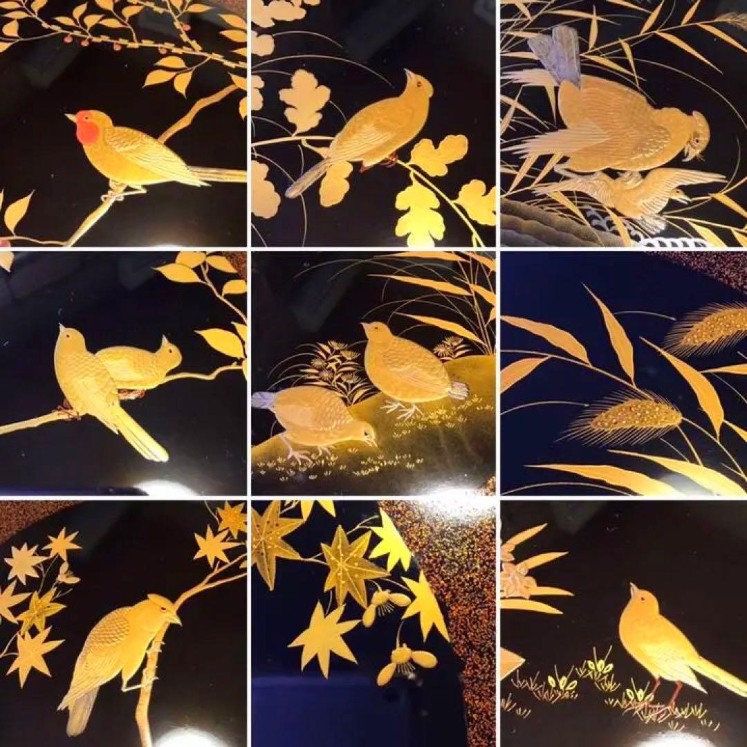 〝特別出品〟木製漆器　極上輪島塗　花鳥紋様蒔絵　絵替　梨地盆（銘　秀穂）10枚