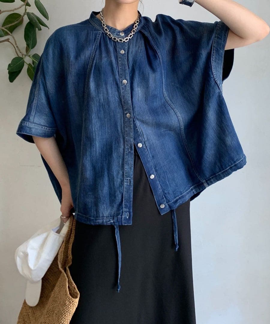 DouDou シアーデニムポンチョ風ブラウス