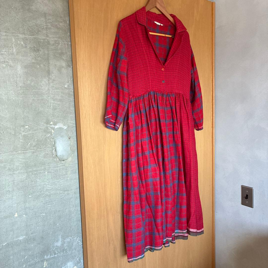 INJIRI ウールチェック　ワンピース S