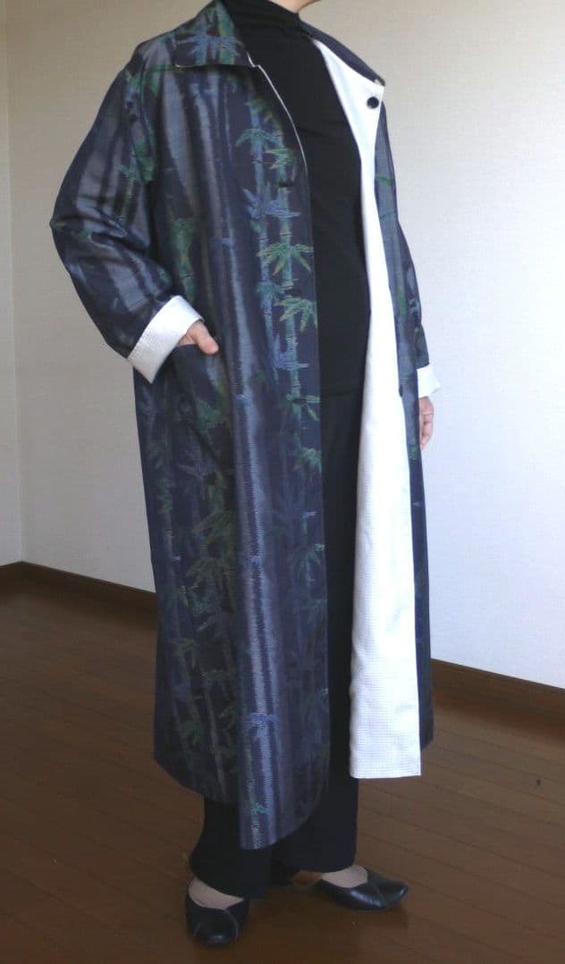 専用　大胆竹模様の大島紬×白亀甲紬　リバーシブルコート　着物リメイク