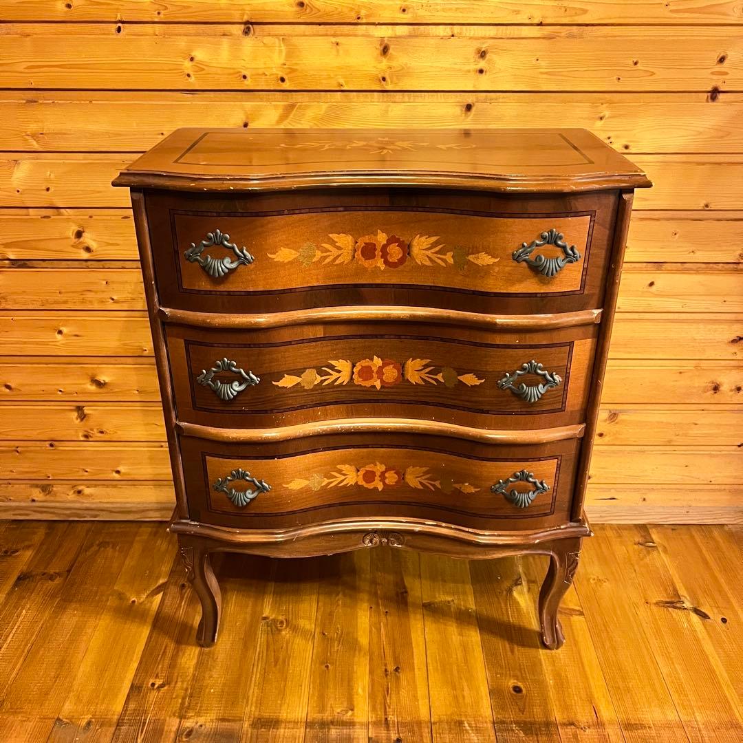 猫脚ヨーロッパ家具 象嵌細工 3段チェスト　アンティーク家具